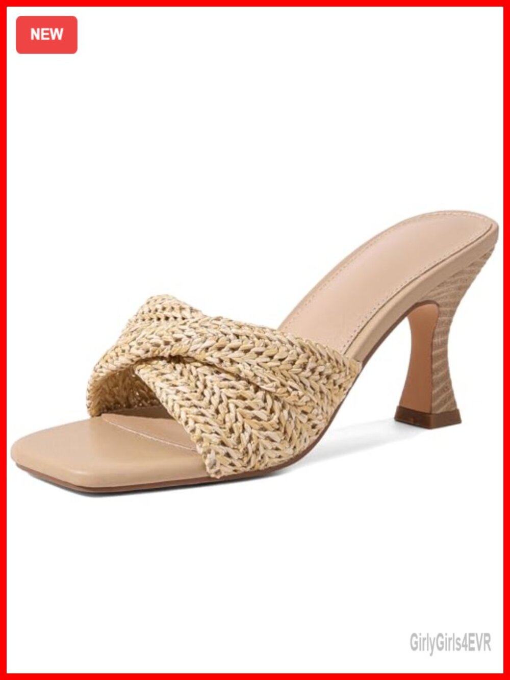 Raffia Heeled Sandals Stiletto Slip On Mule Square Toe